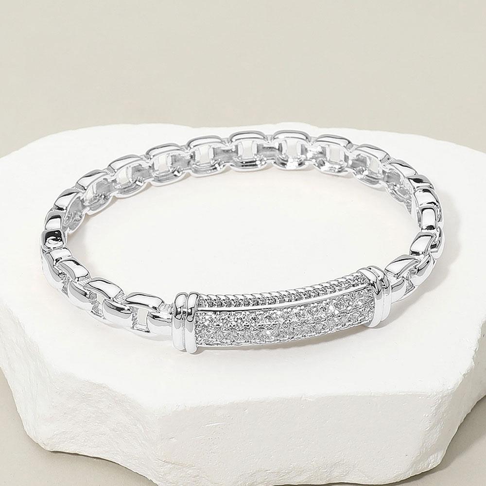 Silver Chain Link CZ Bar Rhinestone Crystal Hinged Bangle Bracelet Jewelry